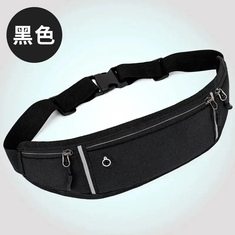Waist bag in black with adjustable strap, dual zipper pockets and reflective stripe