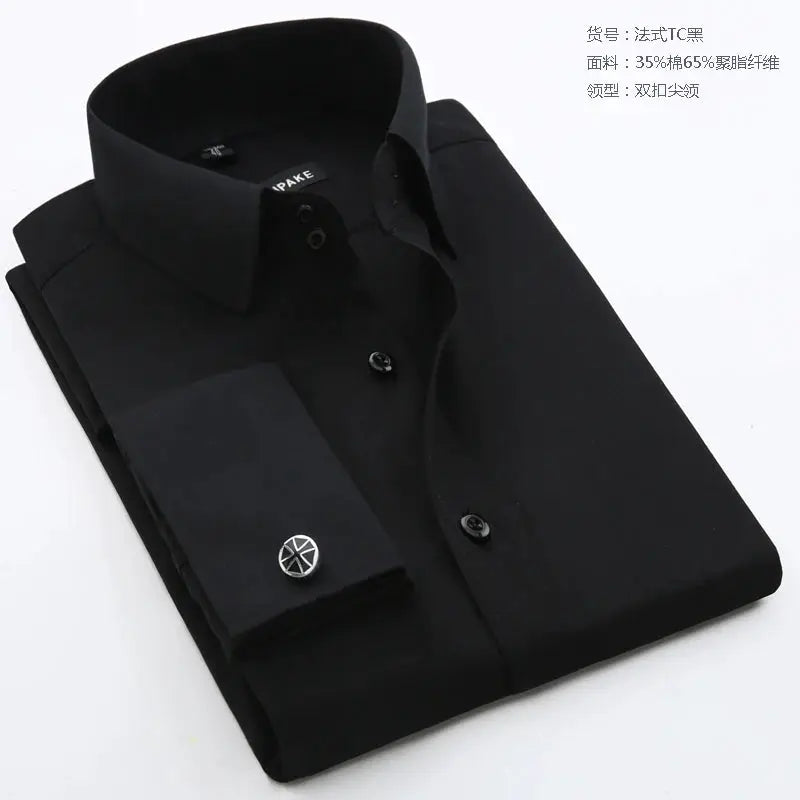 Men's black French-cuff dress shirt with silver cufflinks