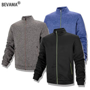 Men's zip-up jackets in gray speckle, blue, and black with stand collars and neon-contrast zippers BEVAMA