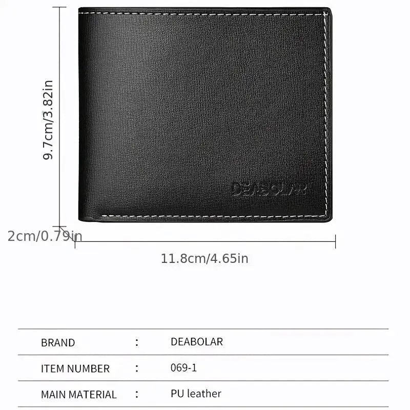 PU leather men's short wallet, black, thin folding card holder with white stitching, DEABOLAR embossed
