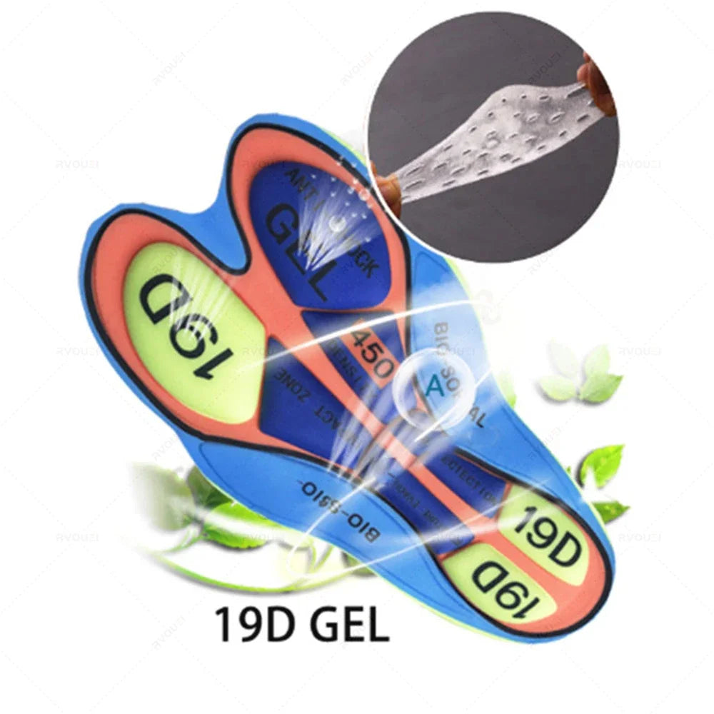 Gel cycling shoe insole in blue/orange/green with perforated top layer, 19D GEL