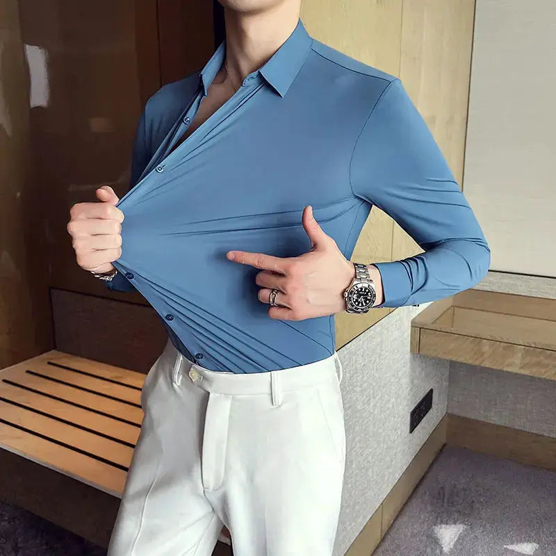 Plus-size 4XL men's blue seamless long-sleeve shirt, high-elasticity, slim casual style