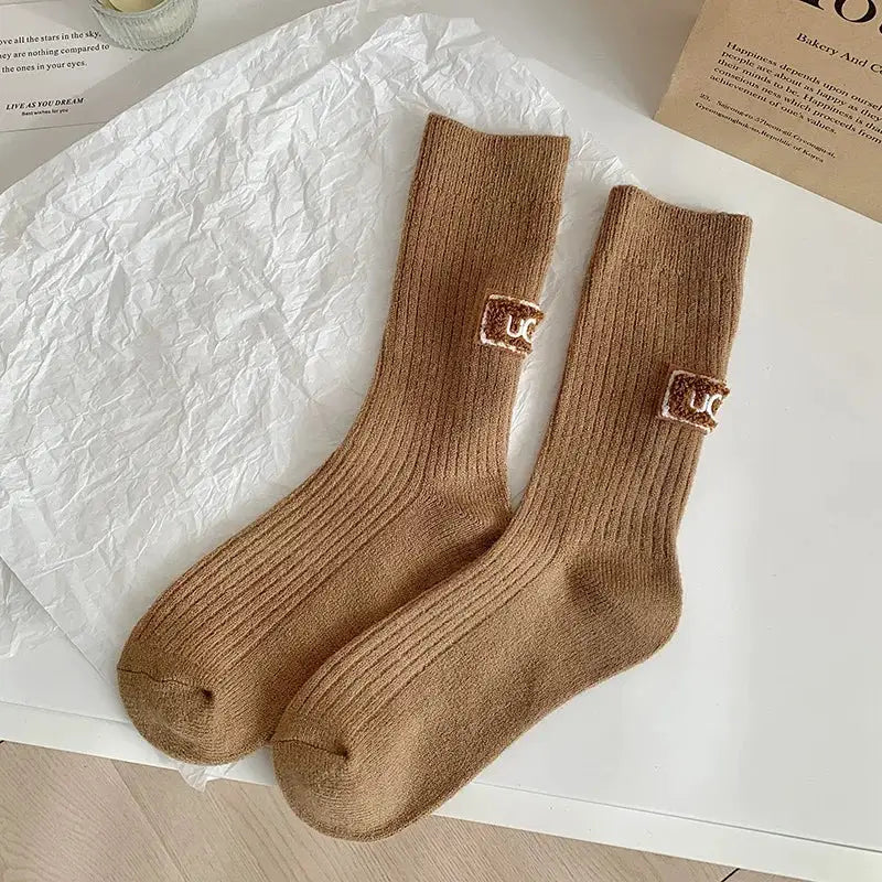 LuxWool Women Luxury Cashmere Wool Mid Calf Socks With Embroidered Logo For Snow Boots Thick Pile Warmth