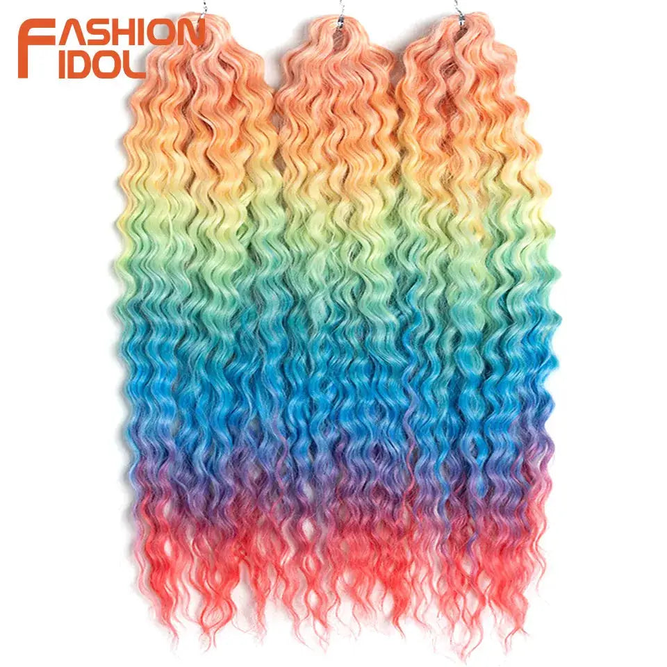 Fashion Idol rainbow ombre crochet hair extensions, 3 bundles, 22in Ariel Curl water wave, synthetic