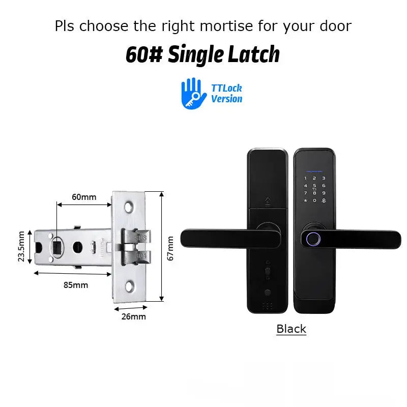 Fingerprint smart door lock set by Simples Market: two-piece black keypad lock with handle and silver mortise lock.