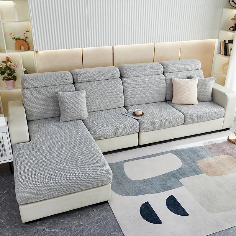 Thick jacquard sofa seat cushion cover; stretchy grey slipcover for a 4-seat sectional sofa