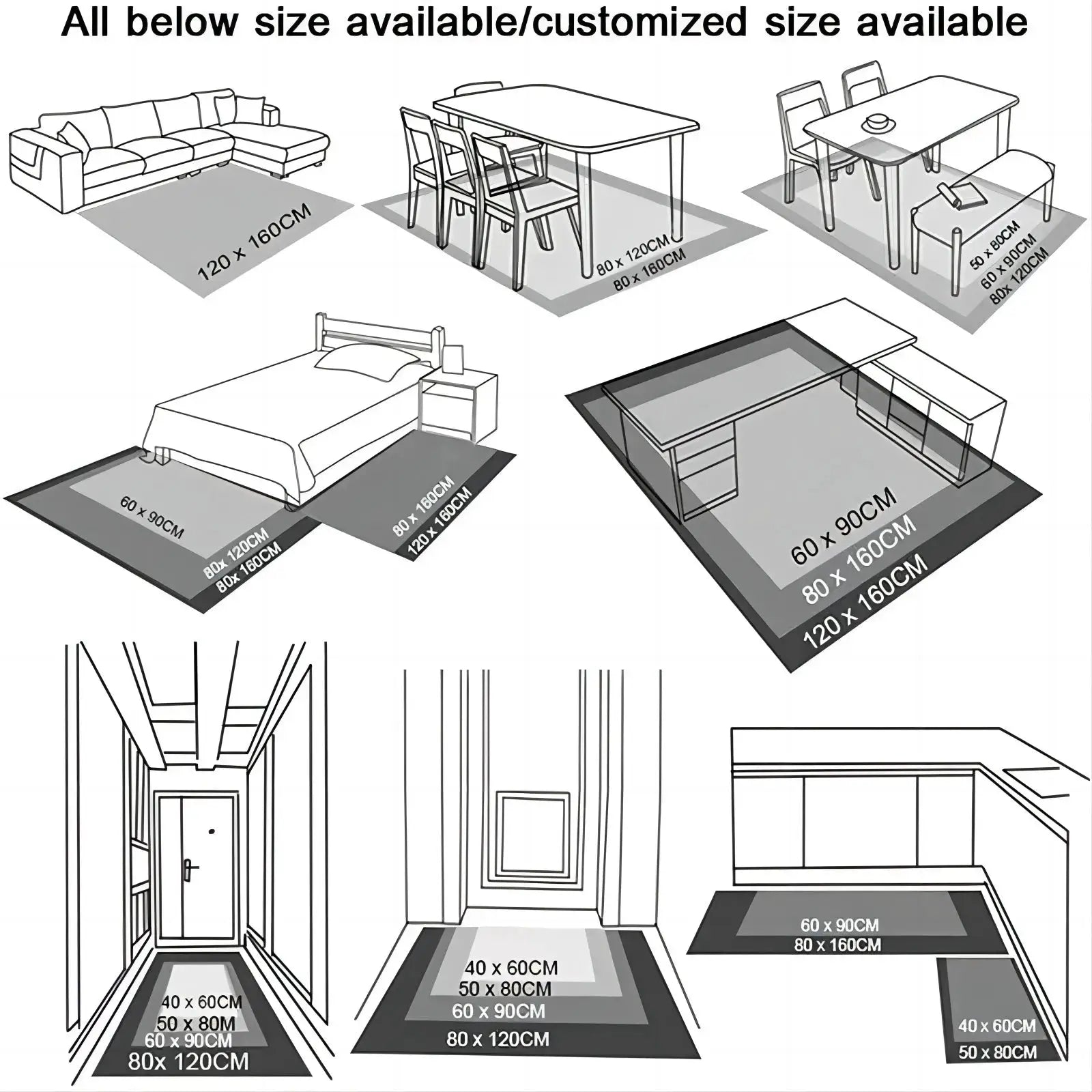 VIKAMA cartoon-style rifle-design carpet; displays multiple size options with measurements.