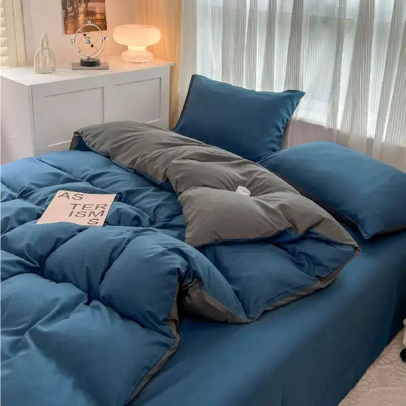 4-piece bedding set by Simples Market, two-side solid-color brush fabric in blue/gray with duvet cover and pillowcases