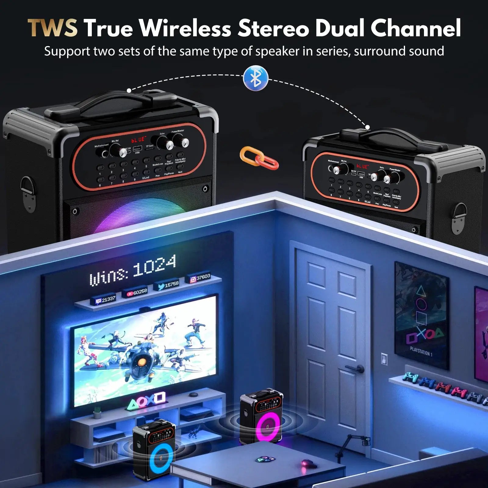 Simples Market S68 Kara Ok portable Bluetooth speaker with 2 mics, twin black speakers with red trim and LED lighting