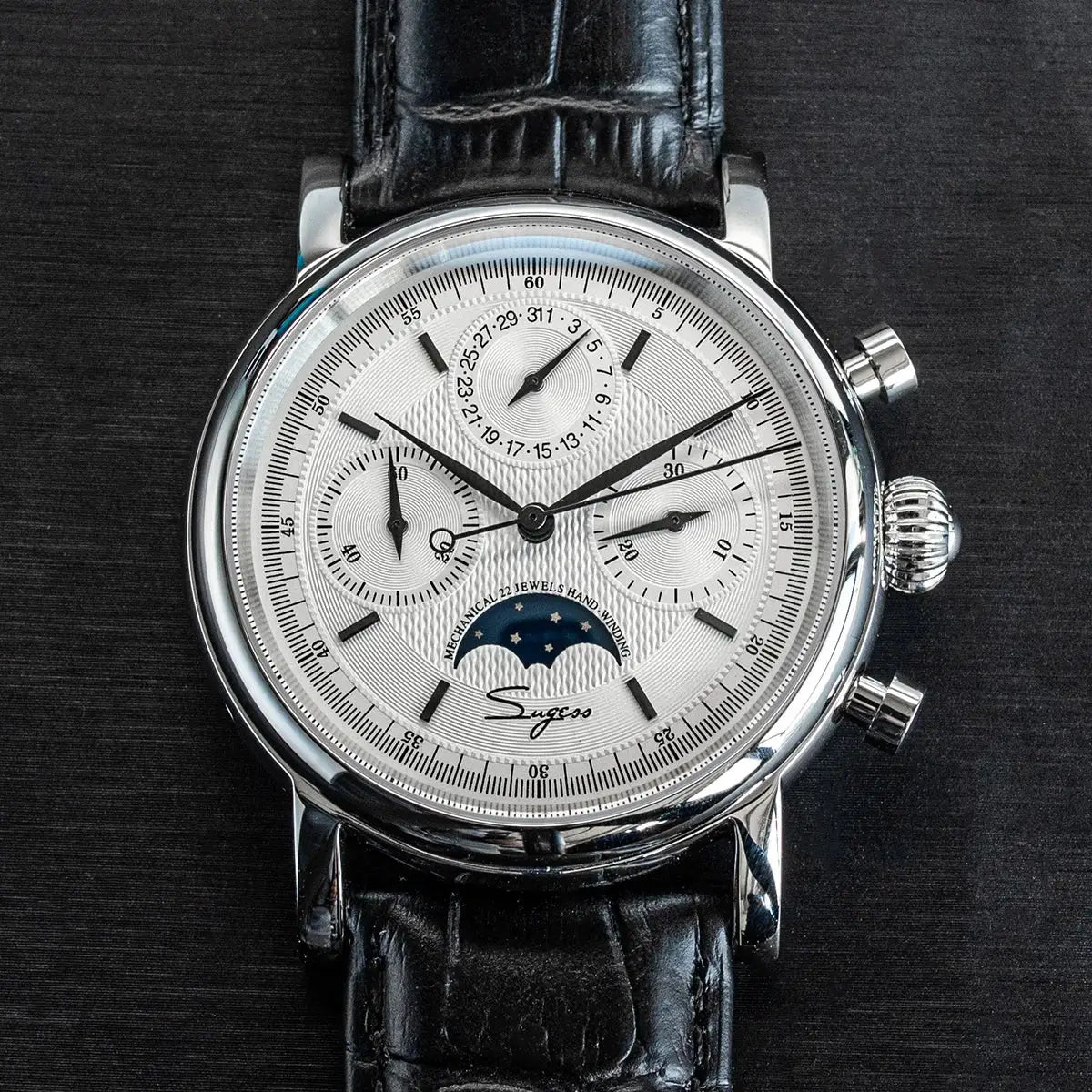 Sugess ST1908 men's wristwatch with swan-neck movement mechanical chronograph, moonphase calendar, black leather strap.