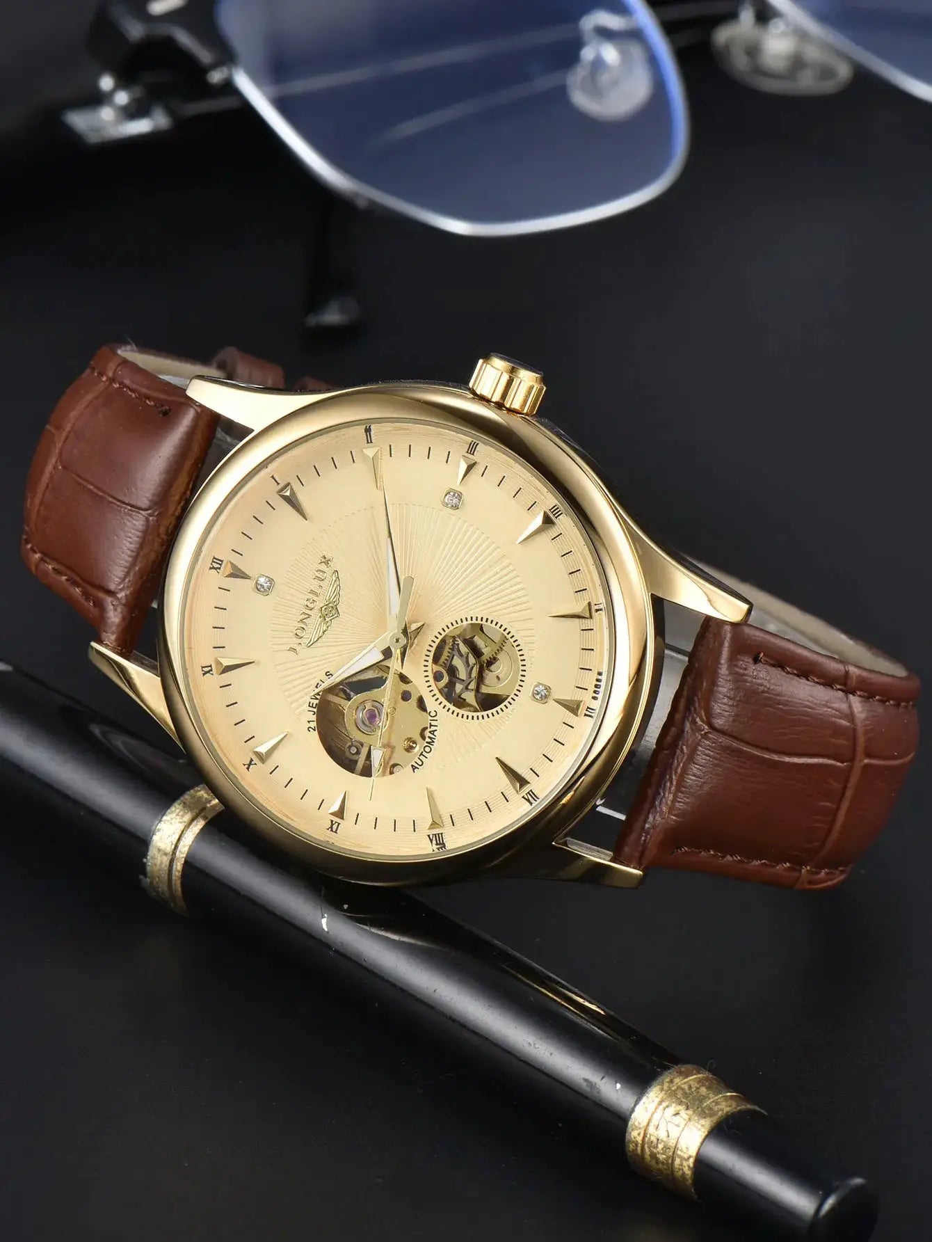 LONGLUX automatic skeleton watch with gold-tone case and brown leather strap, waterproof men's timepiece Simples Market