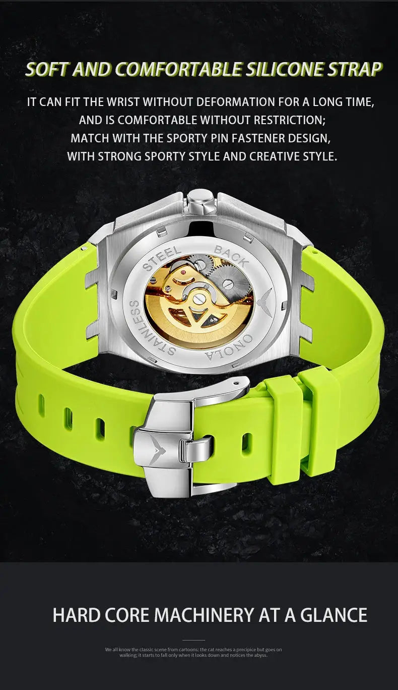 ONOLA wristwatch with neon green silicone strap and stainless steel case back showcasing automatic movement