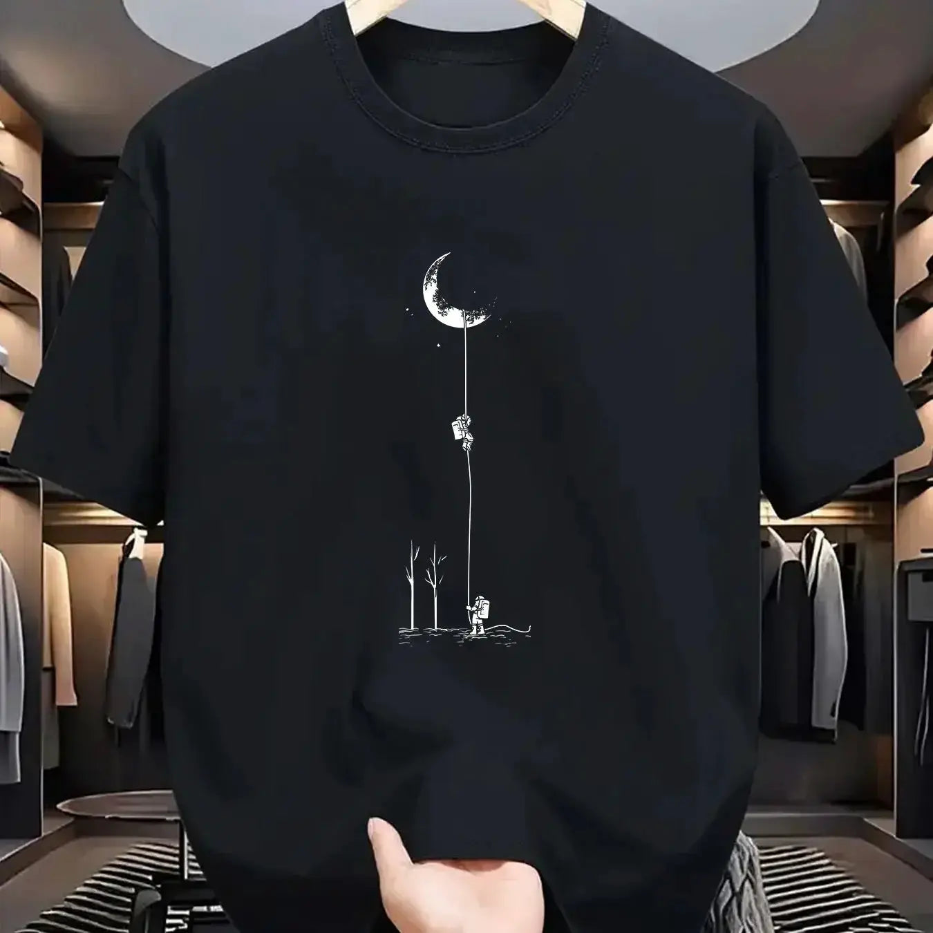 Summer Men's 100 Percent Cotton Casual Loose Fit Plus Size Moon Landing Pattern T Shirt Round Neck Short Sleeve