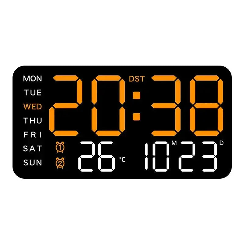 Simples Market mirror-brushed finish digital clock with orange LED display, temperature and date