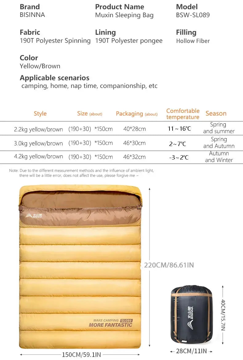 BISINNA 2-Person Camping Sleeping Bag in yellow/brown with compact carry bag