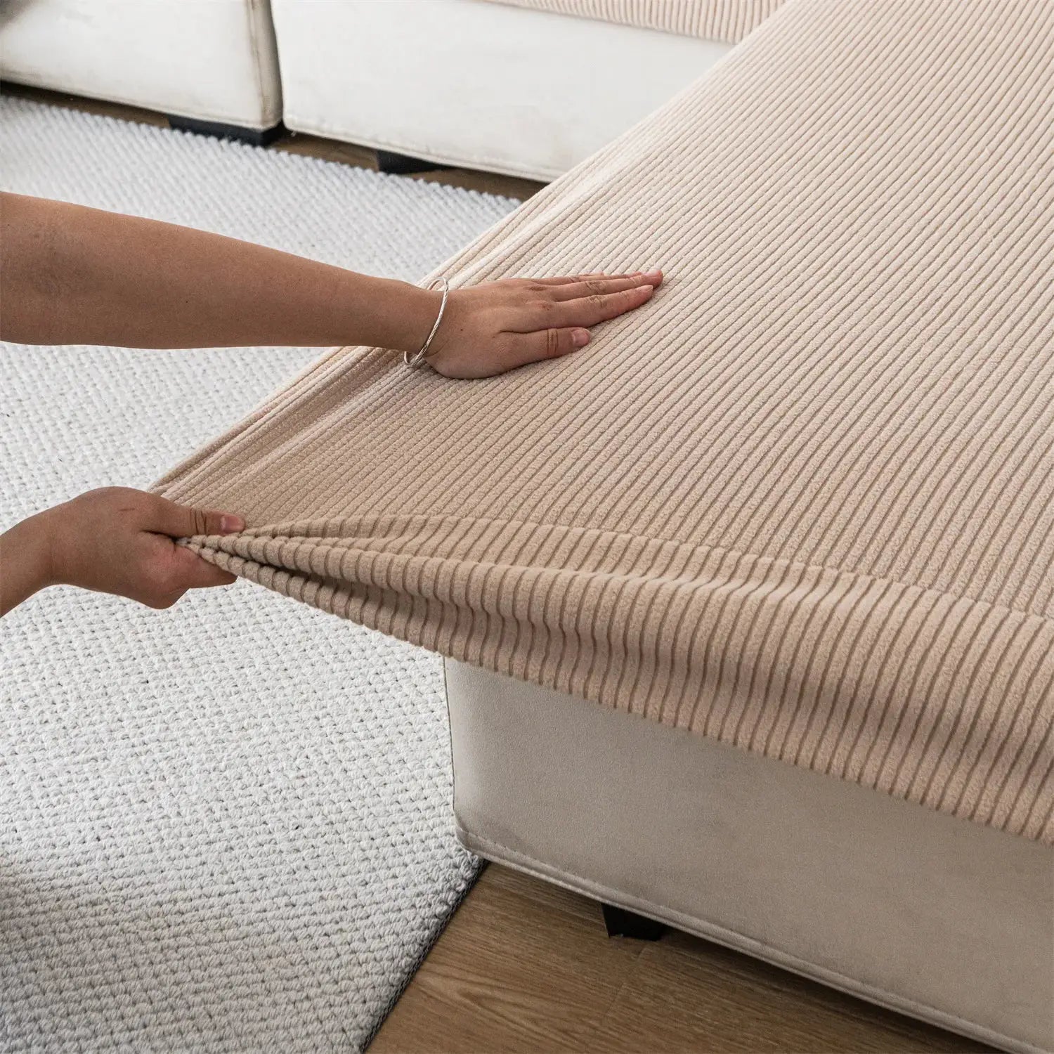 Sofa cushion cover by Simples Market, beige striped jacquard, thickened stretch, removable and washable.