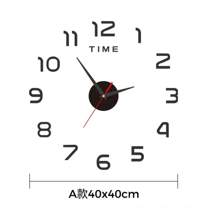 Large 40x40 cm 3D DIY silent wall clock sticker in black and silver with red second hand