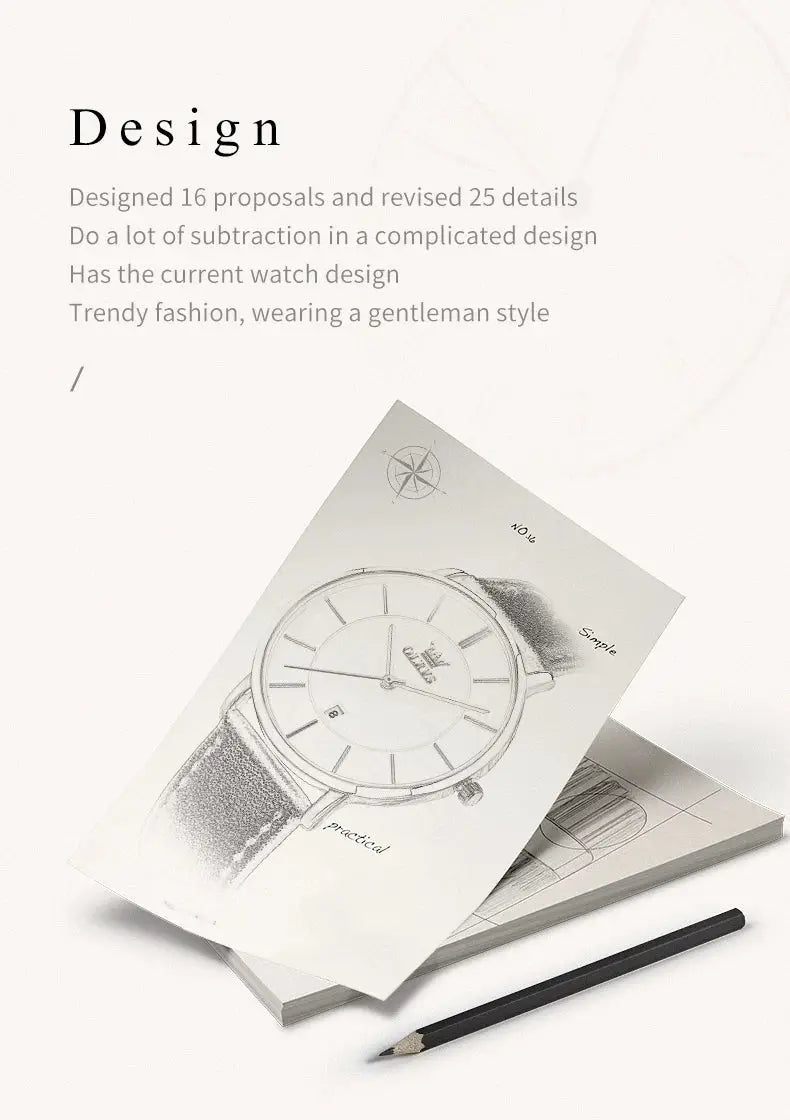 Men's ultra-thin quartz wristwatch with leather strap, grayscale pencil sketch.
