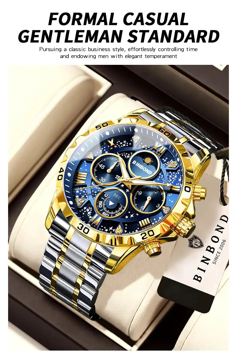 BINBOND men's luxury quartz watch with two-tone gold and silver stainless steel band and blue chronograph dial.