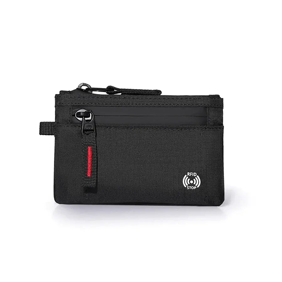 Simples Market black nylon credit card holder wallet with zipper, card slots and carabiner; RFID stop logo.