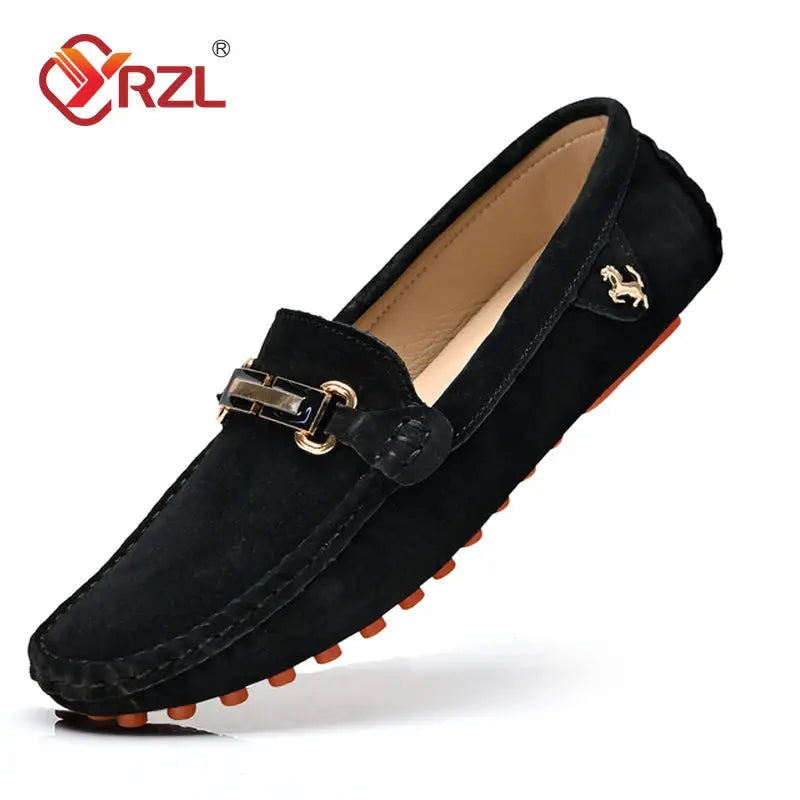 YRZL men's black suede loafers with gold buckle hardware and orange driving sole by Simples Market