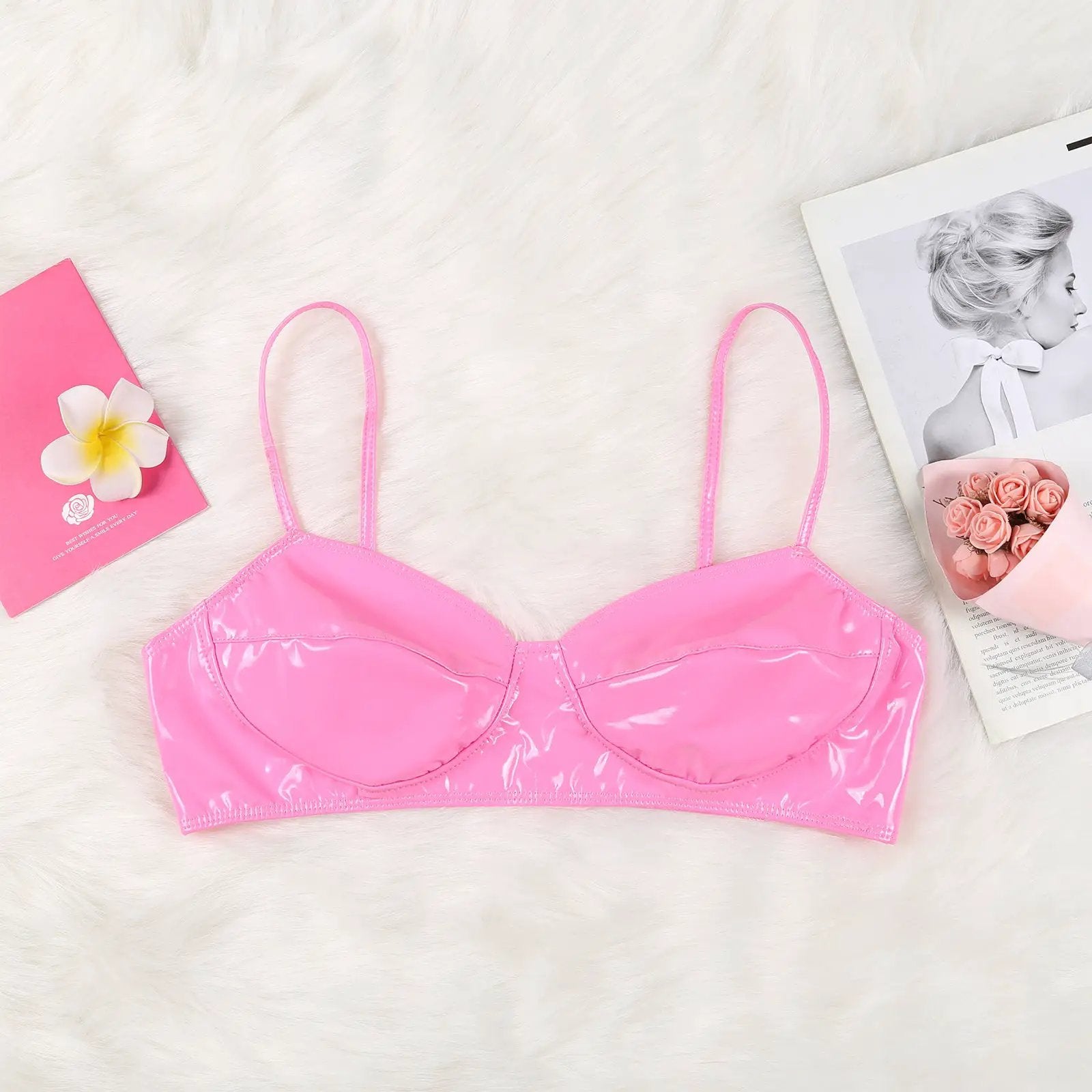Women's pink wet-look patent leather bra top; glossy clubwear lingerie for belly dancing