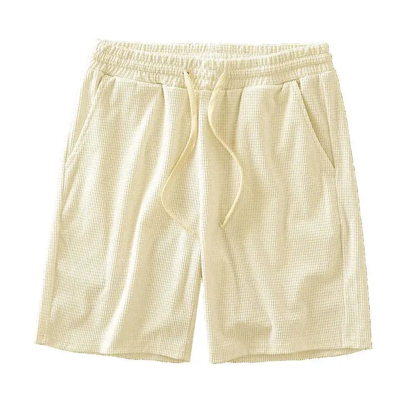 Men's beige waffle-texture shorts with drawstring, knee-length, mid-waist casual shorts