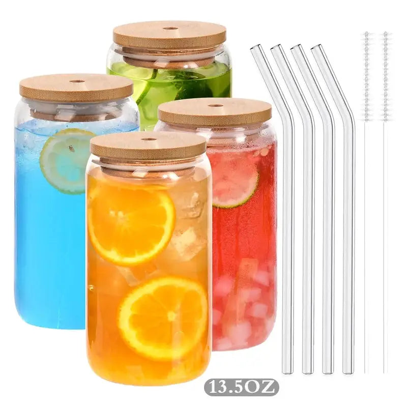 18.6oz 540ML Can Shaped Glass Cups With Bamboo Lids And Glass Straws For Beer Iced Coffee Wine Cocktail