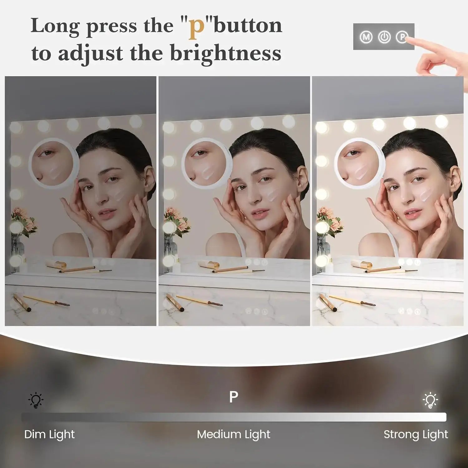 Vanity mirror with adjustable LED lights, 3x magnification, touch controls, and three color modes