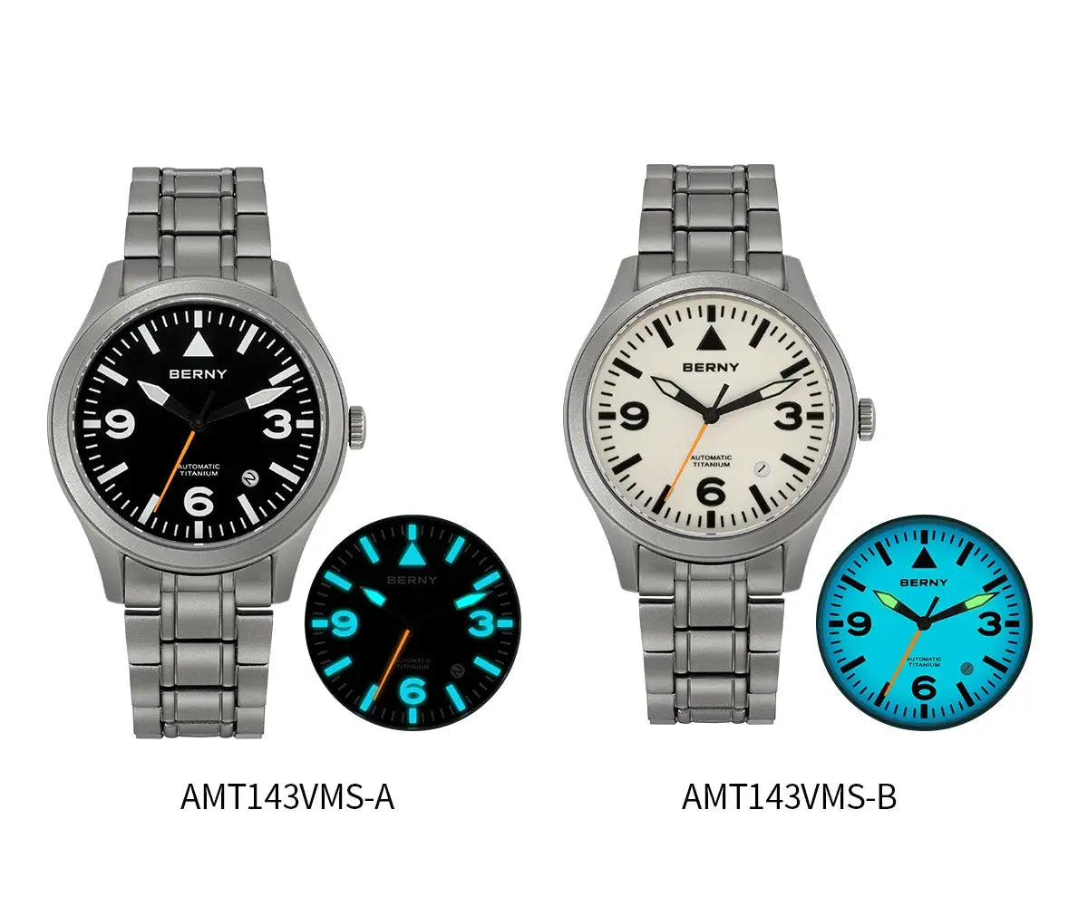 BERNY Full Titanium Automatic Watch for Men with black and beige dials; titanium case, two watches