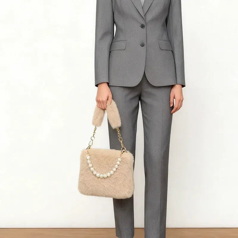 Simples Market beige rabbit-fur handbag with pearl handle and gold chain crossbody bag