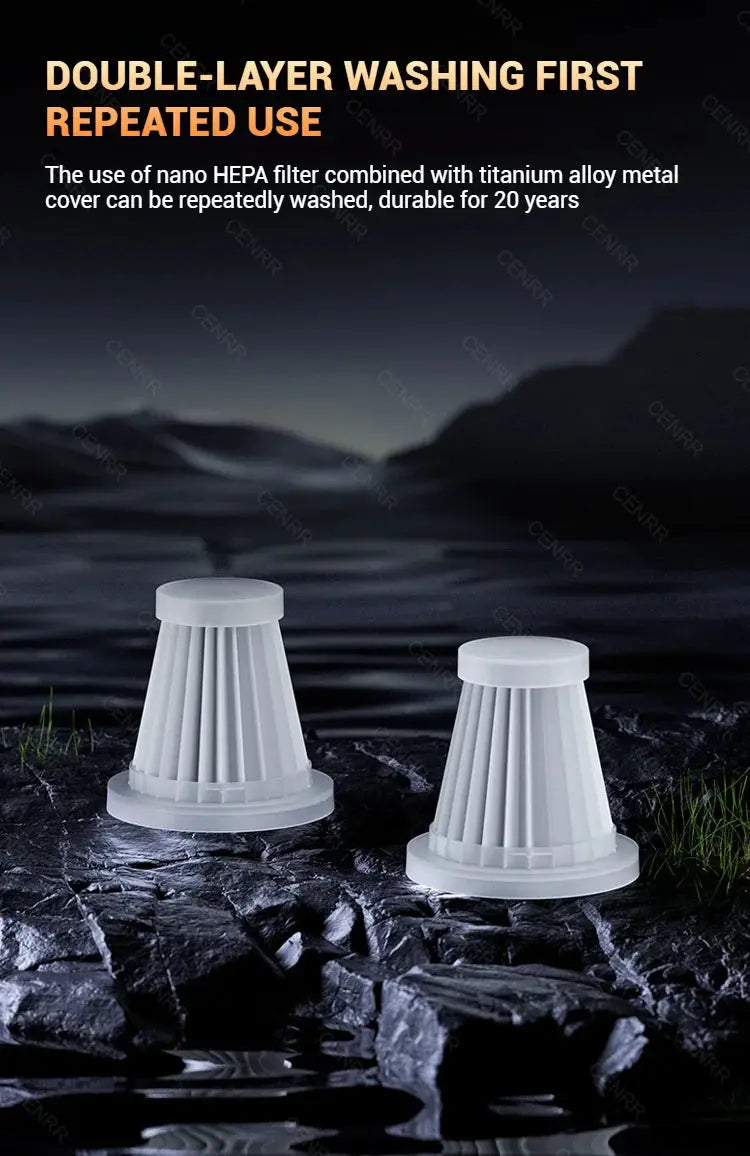 Car vacuum filters, two white conical units, on dark rocky ground, Simples Market