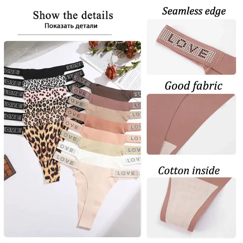 Low waist thong set in assorted colors with rhinestone LOVE waistband by Simples Market (3Pcs)
