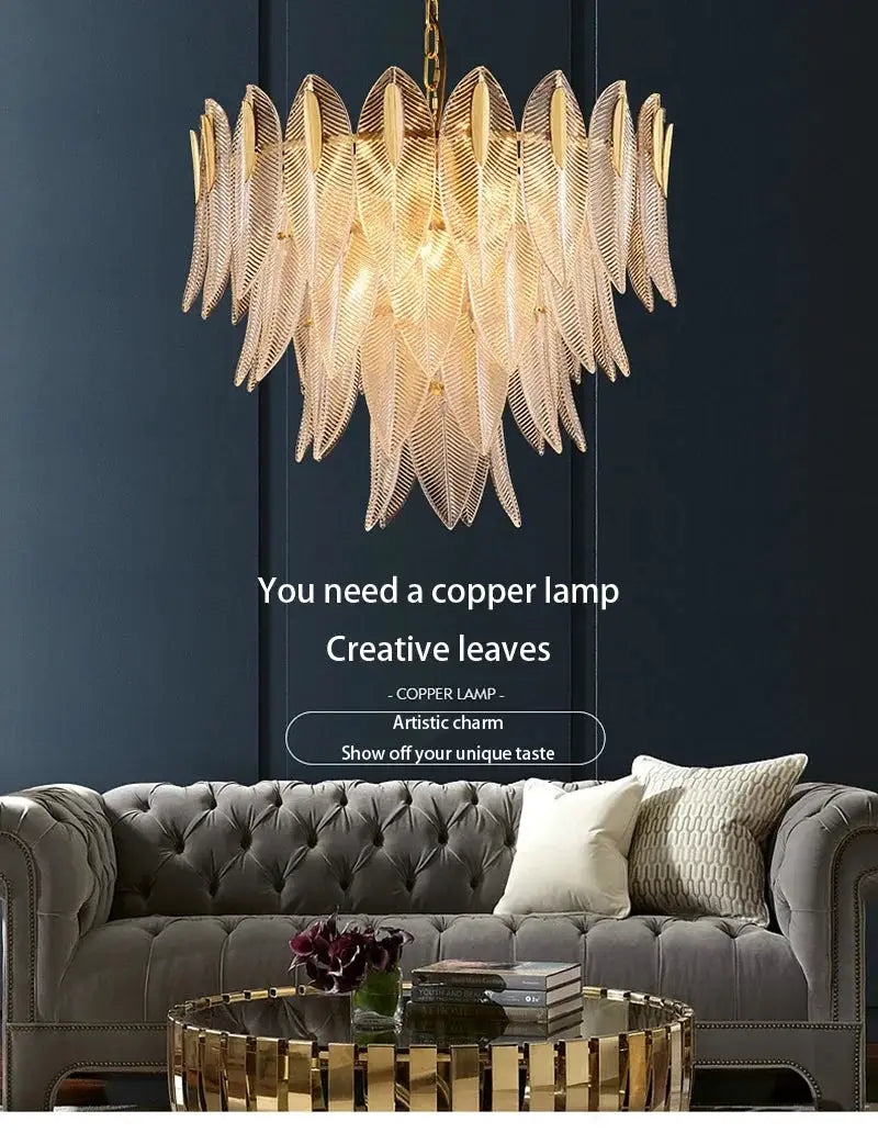 French romantic glass chandelier pendant lamp with gold-toned leaf panels for living room decor