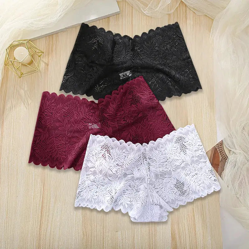 3pc Simples Market lace underwear set in black, burgundy, and white with floral lace