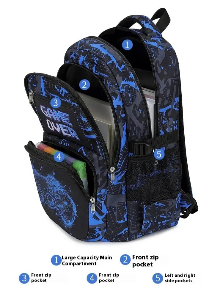 Backpack for boys with lunch bag and pencil case, 3-piece blue camouflage set by Simples Market
