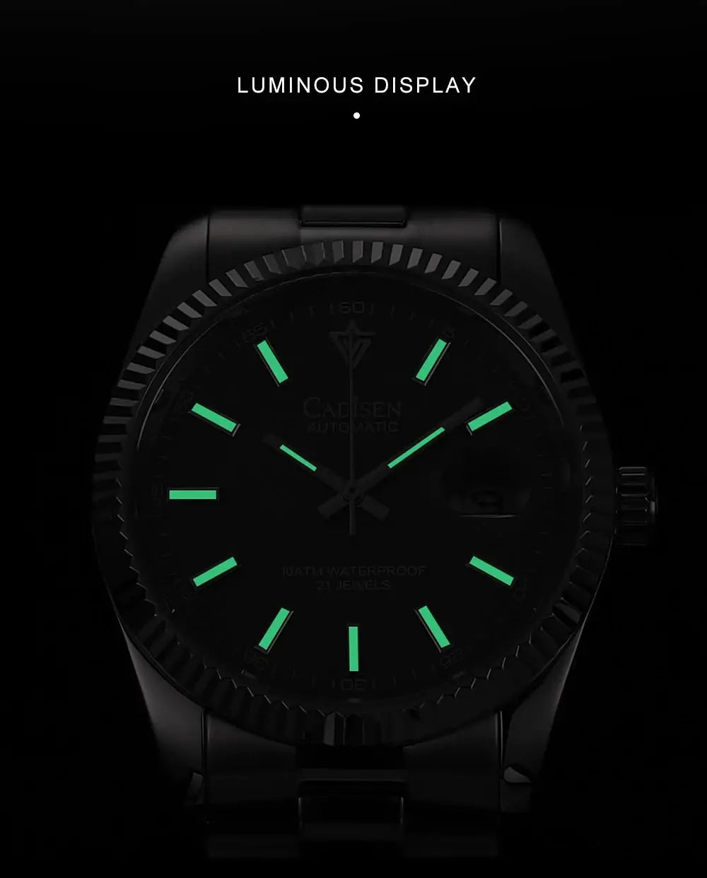 Cadisen automatic men's watch with black stainless steel case and luminous green markers