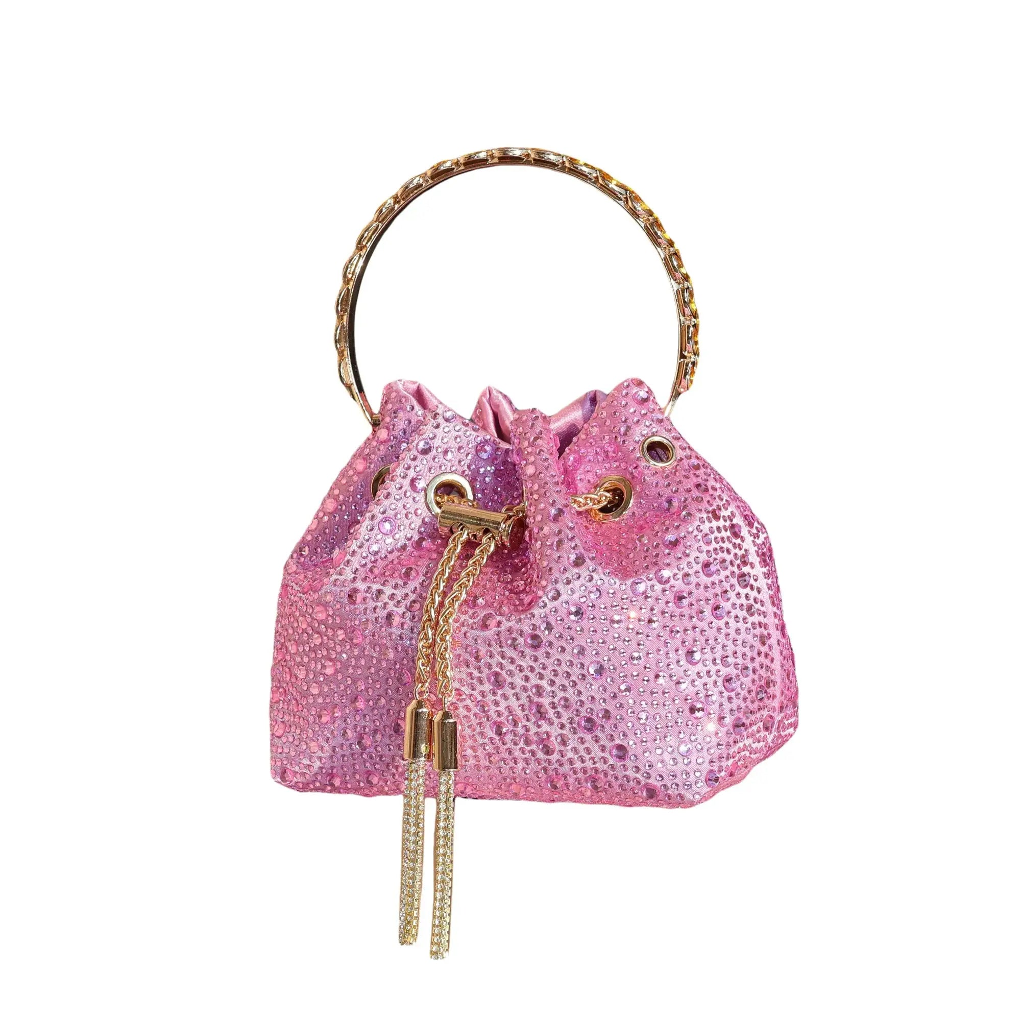 Pink rhinestone evening clutch bag with gold-tone chain and crystal-embellished handle