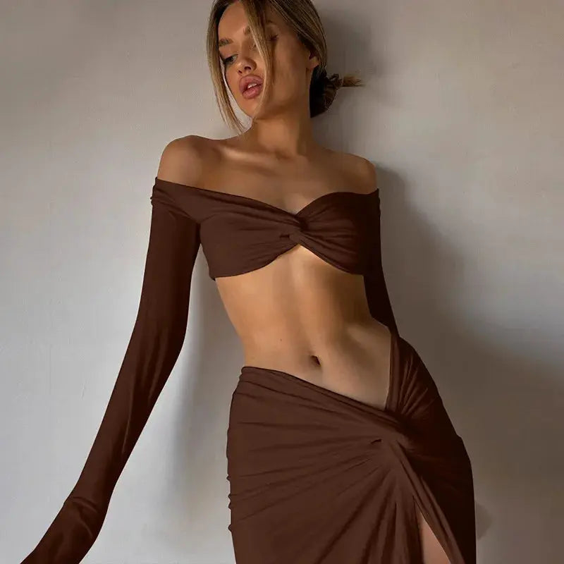 Ruched Long Sleeve Cropped Top And Asymmetric Split Skirt Coords Set