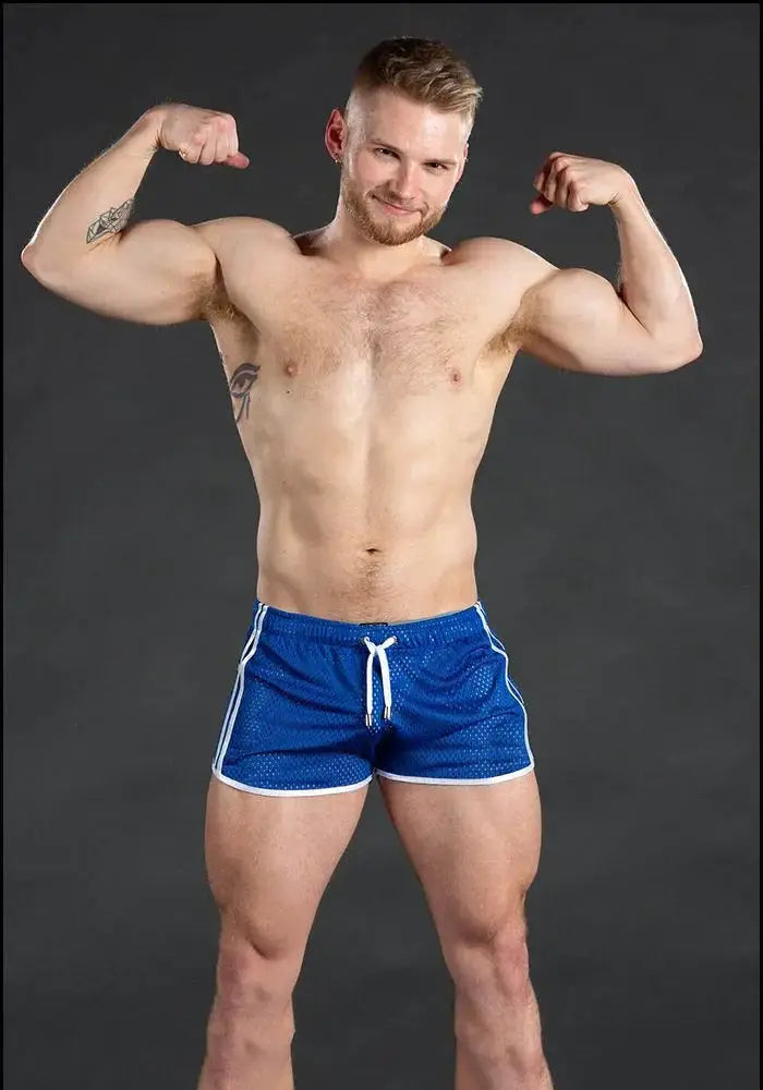 Men's blue mesh gym shorts with white trim, drawstring waist, quick-dry grid pattern