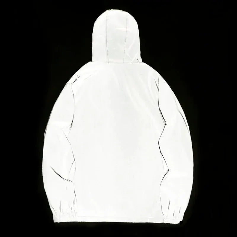White hooded polyester jacket, back view; solid color outerwear