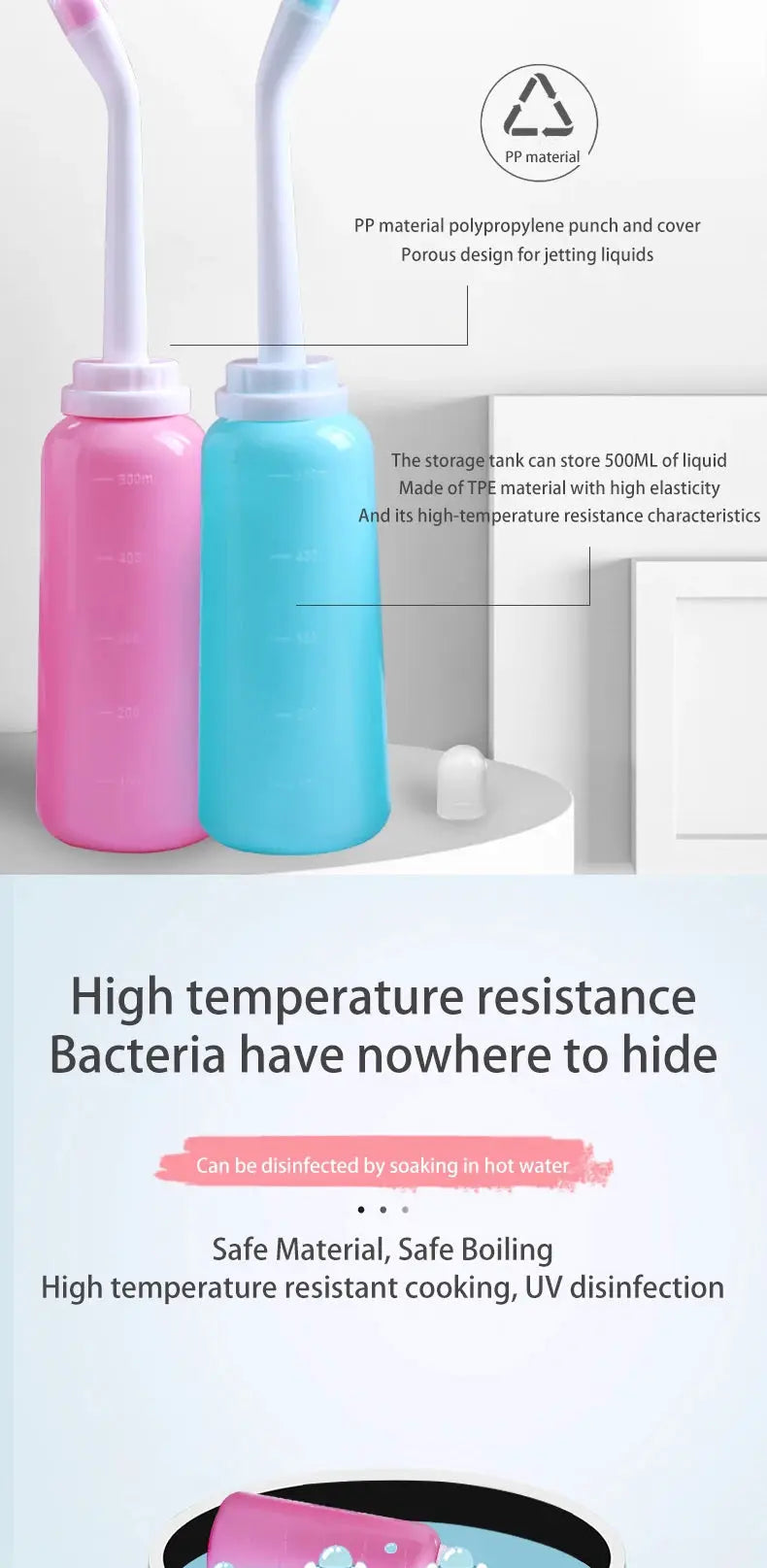 500ml portable bidet spray set of two, pink and blue handheld bottles with curved nozzles