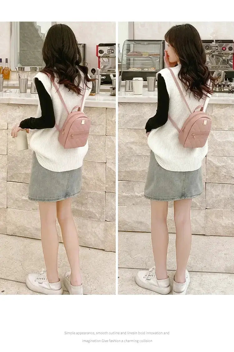 Pink embroidered mini backpack shown on a woman in a white knit vest and denim skirt (two-panel collage).