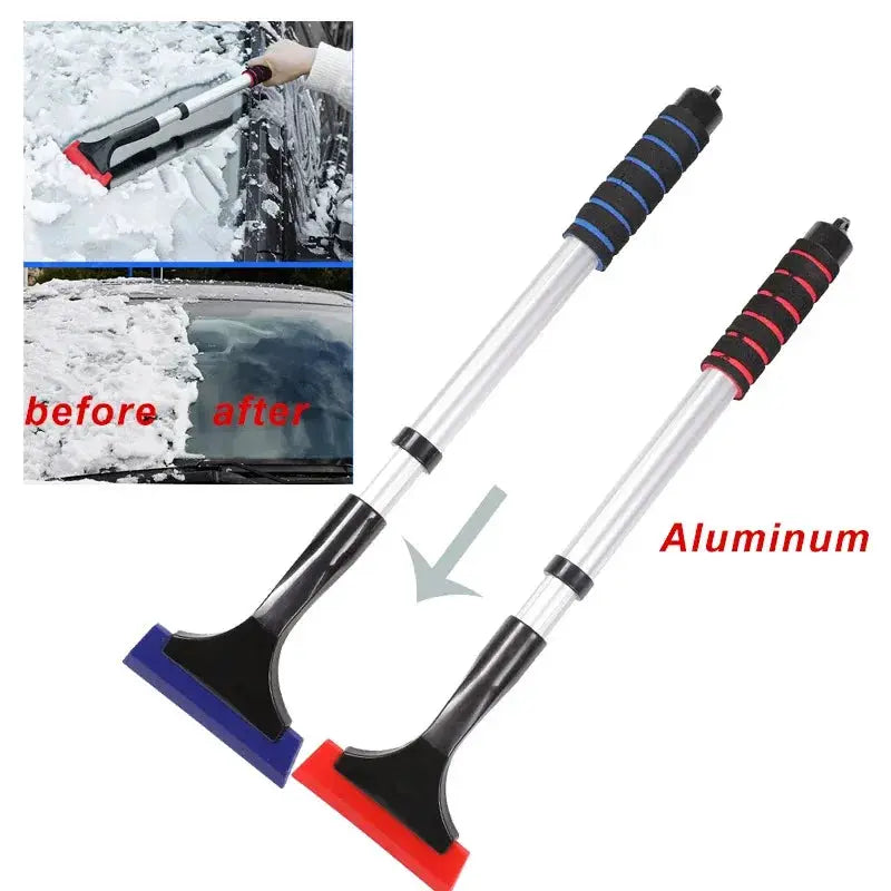 Extendable aluminum snow brush ice scraper for car windshield; Simples Market two-piece set with blue and red blades.