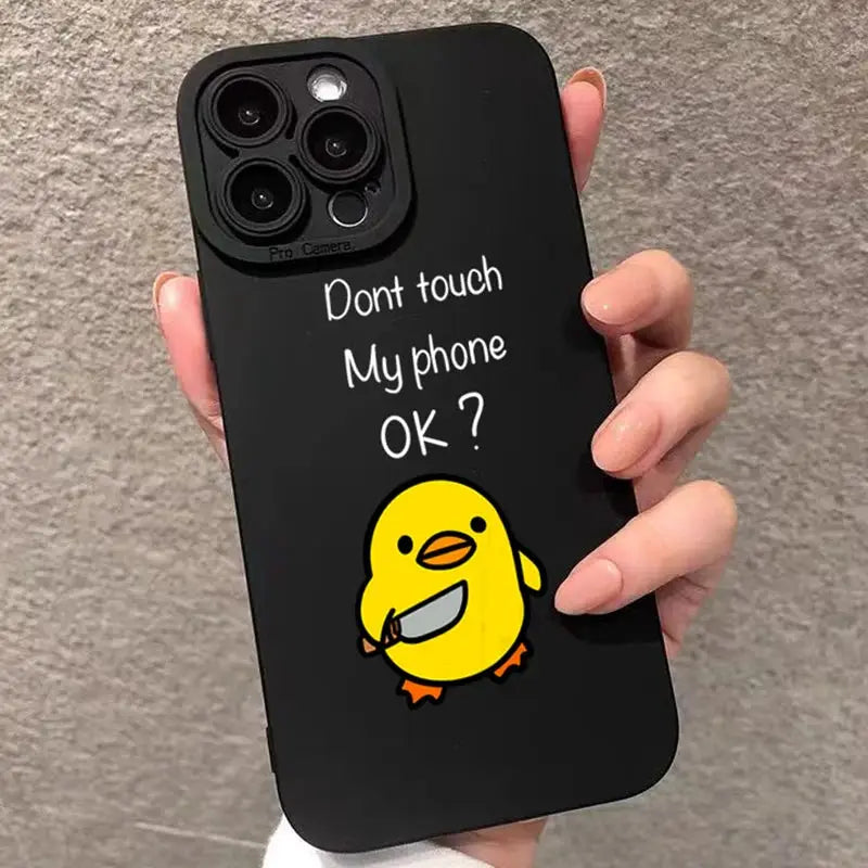 Cute minimalist cartoon duck silicone phone case in black with yellow duck and Dont touch My phone OK? text for iPhone