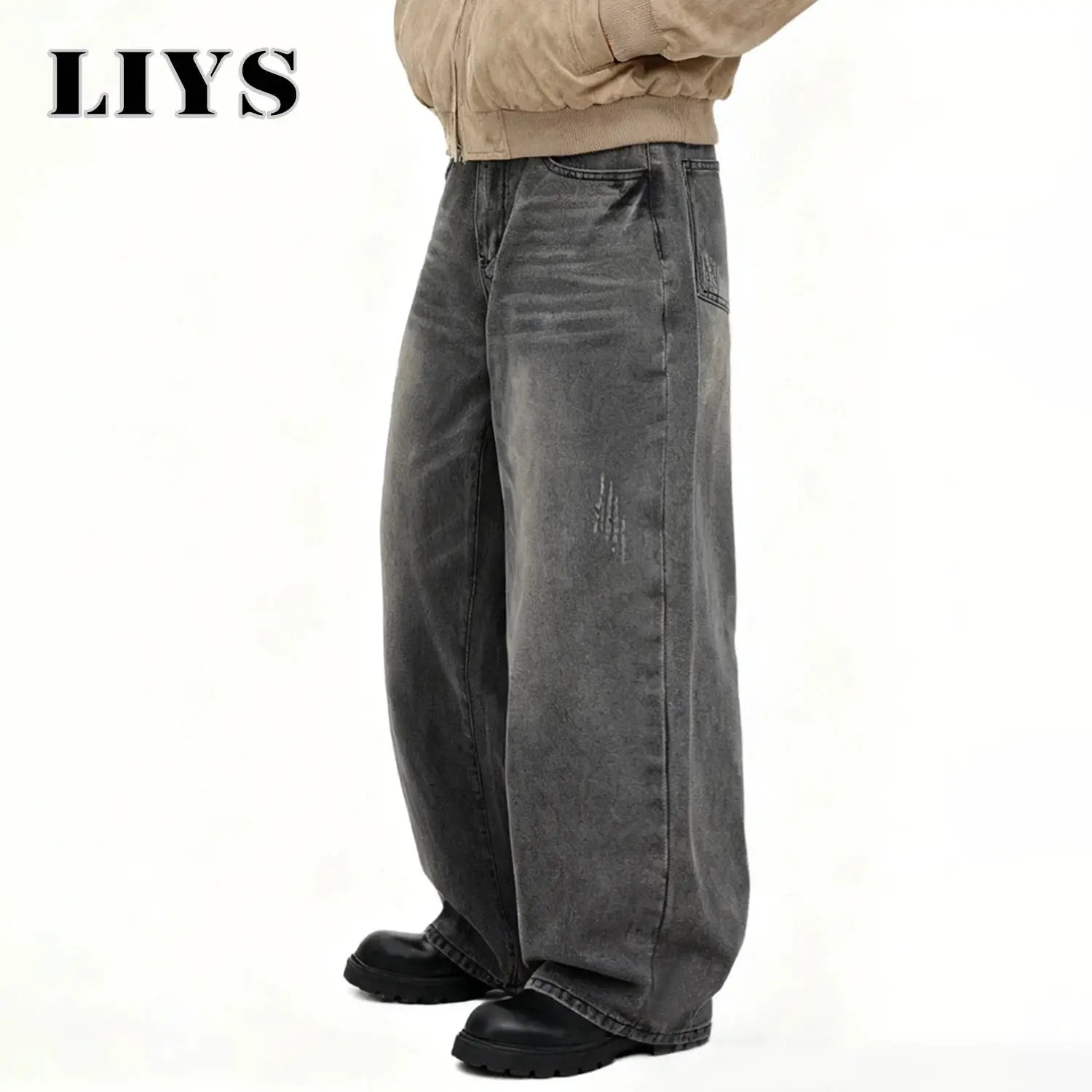 Men's gray denim jeans, baggy wide-leg with loose straight fit, LIYS logo visible