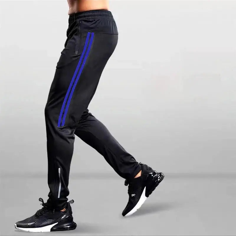 Men's black jogging pants with blue double side stripes for gym and running workouts