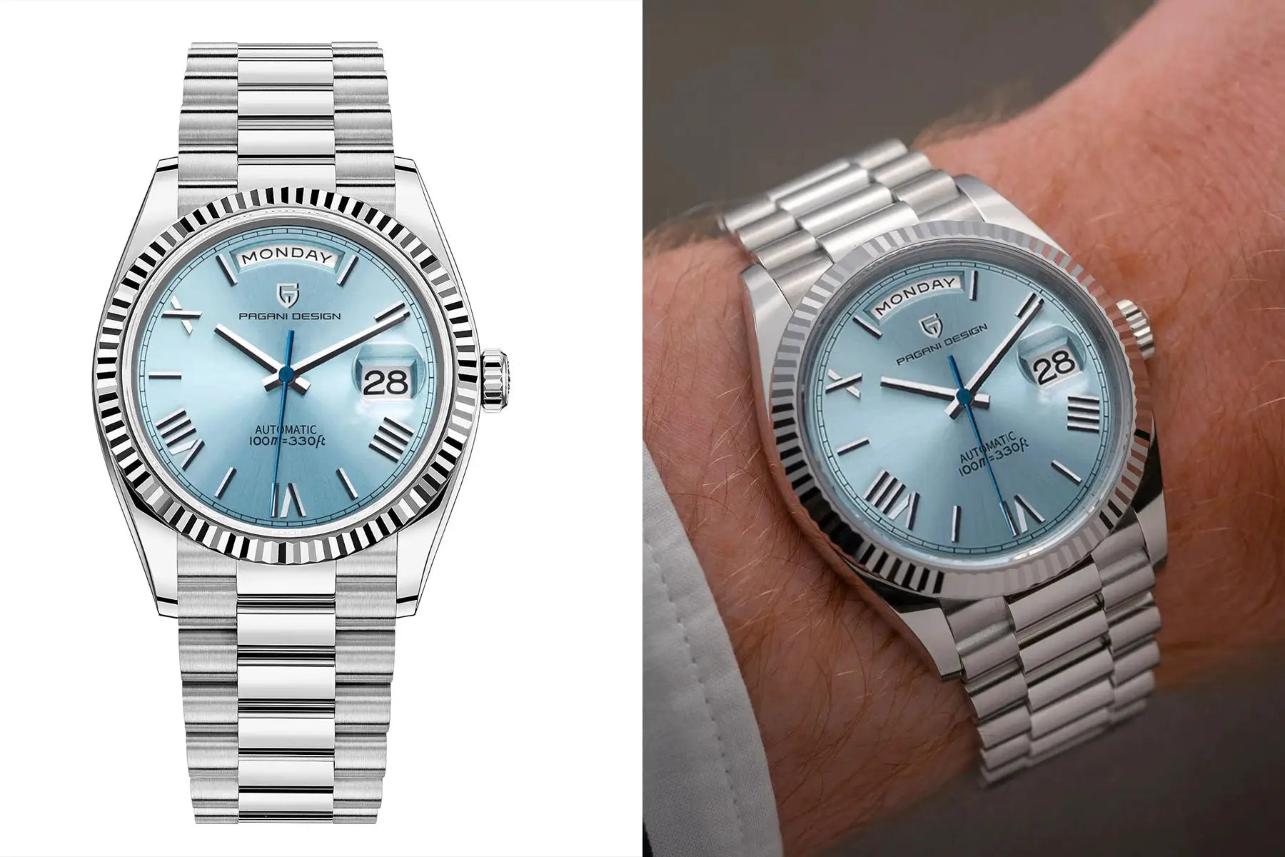Pagani Design stainless steel automatic men's watch with light blue dial and day/date; 2 watches shown