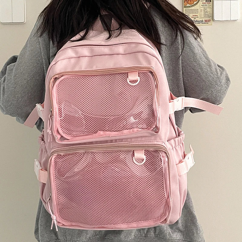Ita bag pink Japanese-style transparent backpack with mesh front pockets
