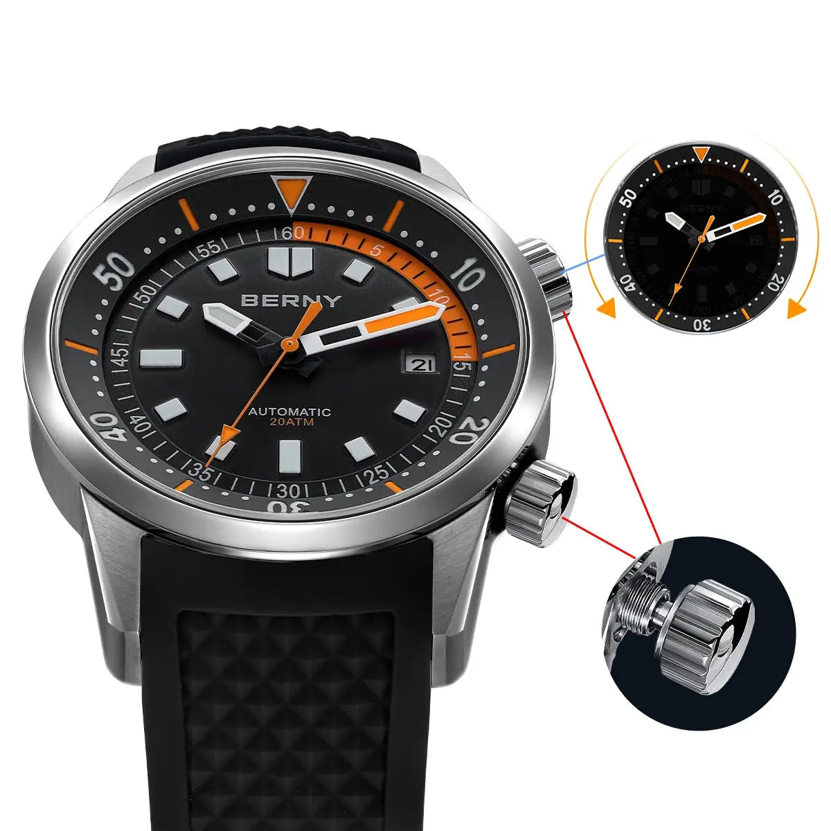 BERNY men’s dive watch with automatic movement, black dial, orange, 42mm case, black strap, 200m water resistant.